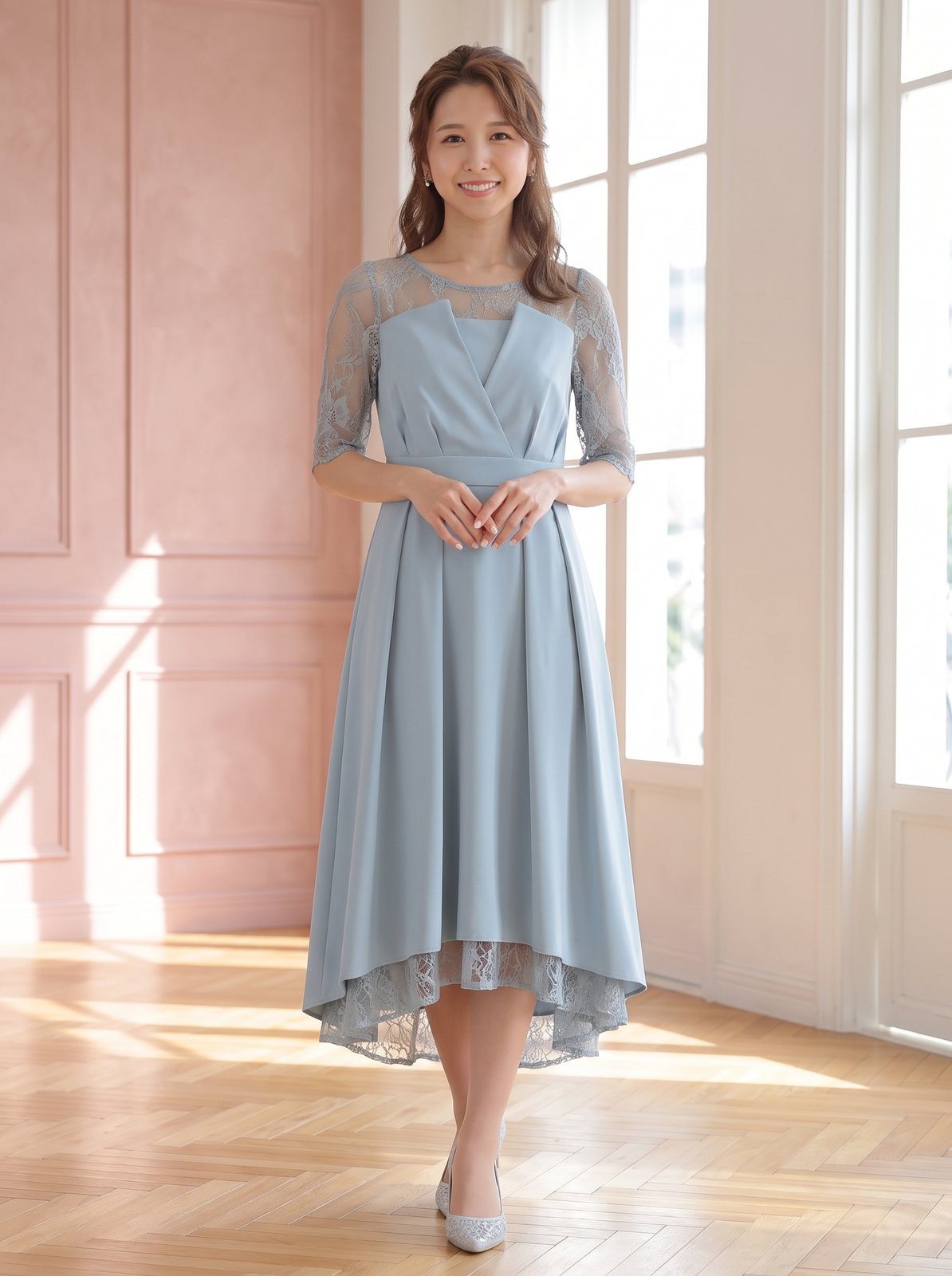 シアーレース袖 フィッシュテールドレス（ネイビー・ブルー系・Mサイズ）| 名古屋のレンタルドレス24DRESS