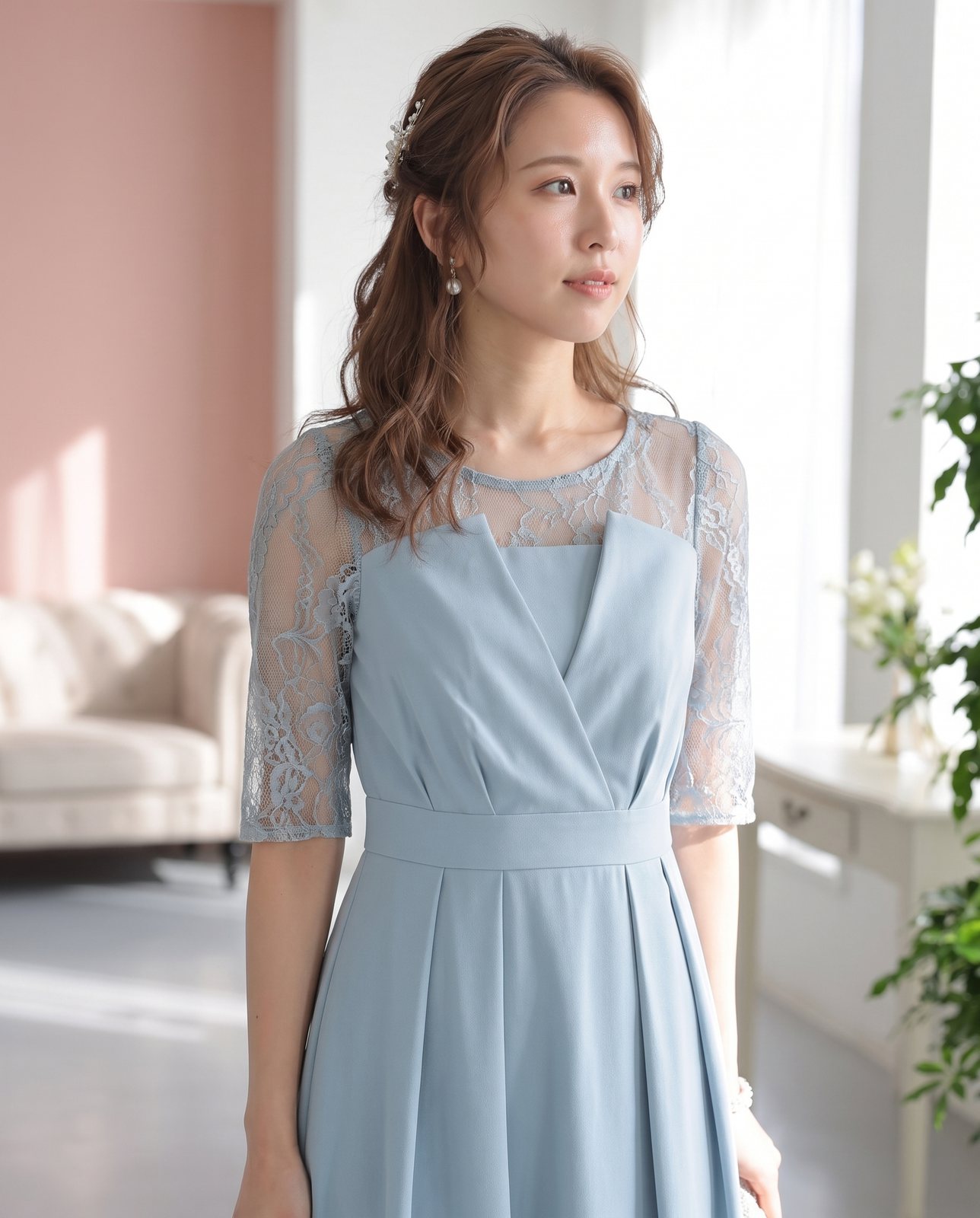 シアーレース袖 フィッシュテールドレス（ネイビー・ブルー系・Mサイズ）| 名古屋のレンタルドレス24DRESS 写真2