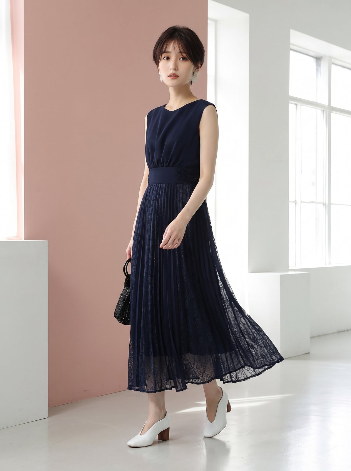 レースプリーツスカート ロングドレス（ネイビー・ブルー系・Sサイズ）| 名古屋のレンタルドレス24DRESS