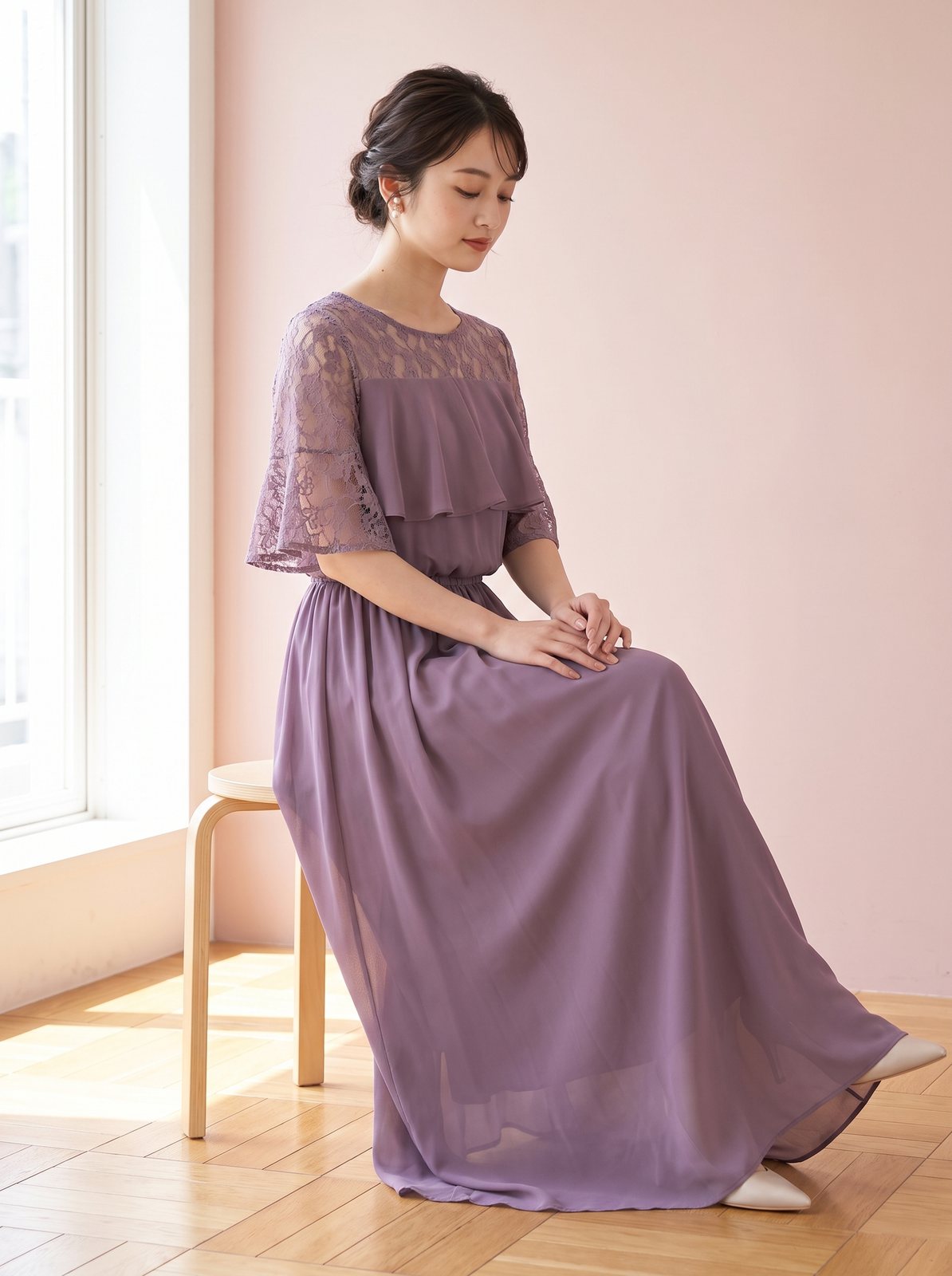 ラッフルフリル シフォン調ロングドレス(パープル系・Lサイズ)| 名古屋のレンタルドレス24DRESS