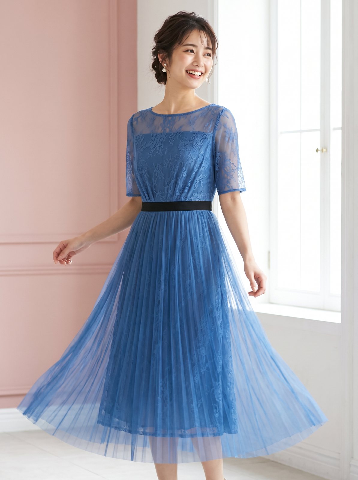 レース切り替え プリーツパーティードレス（ネイビー・ブルー系・Mサイズ）| 名古屋のレンタルドレス24DRESS