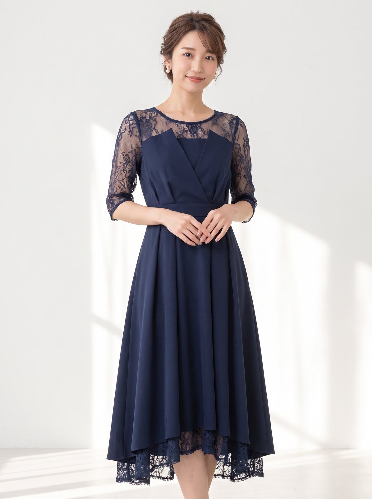 レース切り替え フィッシュテールドレス(ネイビー・ブルー系・Lサイズ)| 名古屋のレンタルドレス24DRESS