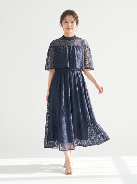 ケープティアード総レースドレス(ネイビー・ブルー系・Mサイズ)| 名古屋のレンタルドレス24DRESS