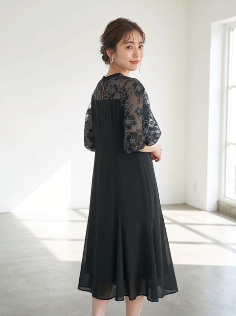 フラワーモチーフ シアースリーブドレス(黒(ブラック)・Mサイズ)| 名古屋のレンタルドレス24DRESS