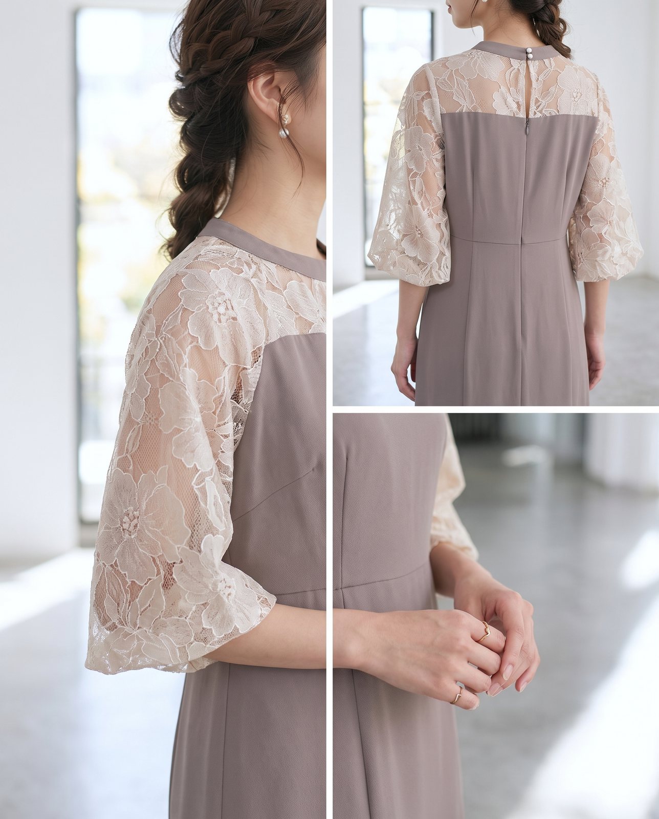 シアー刺繍風スリーブ マーメイドドレス（ホワイト・グレー系・Mサイズ）| 名古屋のレンタルドレス24DRESS 写真2
