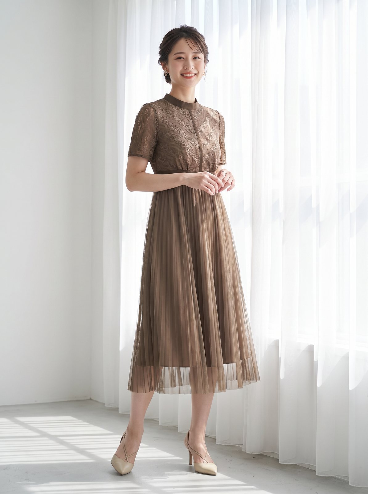 チュールプリーツ ドッキングドレス(ブラウン・ベージュ系・Lサイズ)| 名古屋のレンタルドレス24DRESS