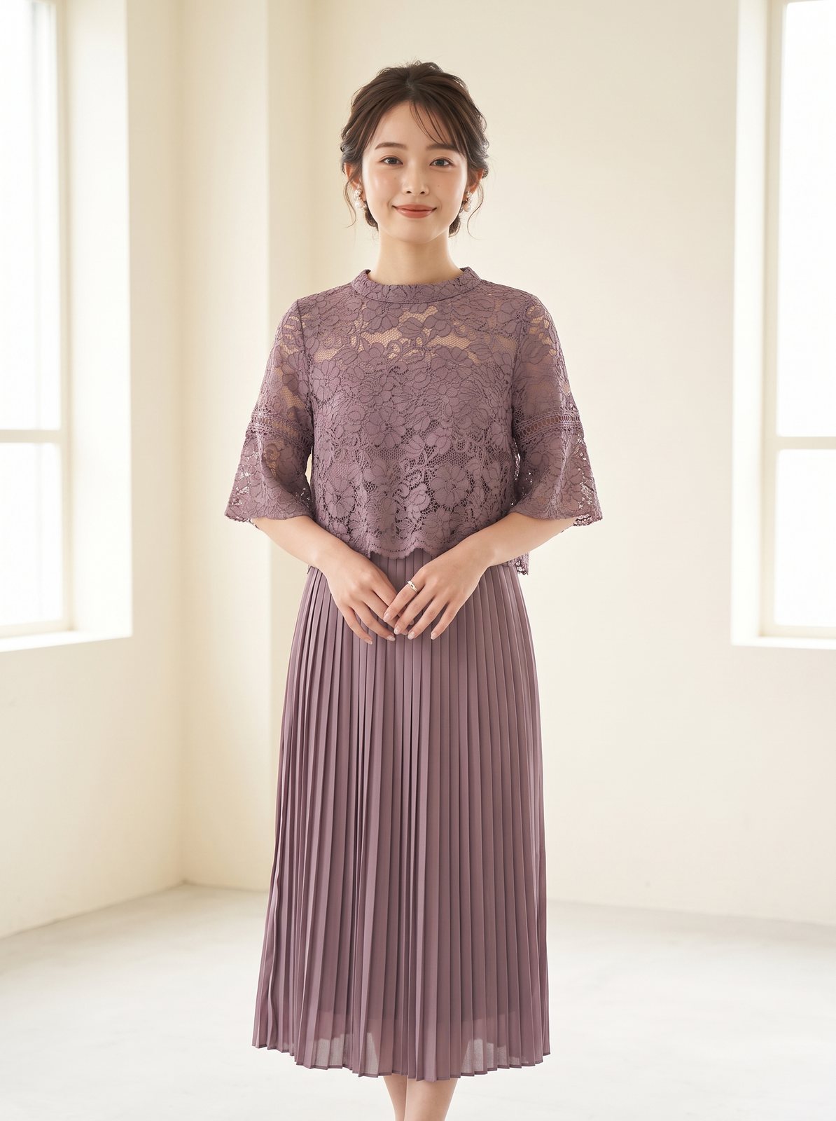 レースブラウス風プリーツドレス（パープル系・Mサイズ）| 名古屋のレンタルドレス24DRESS