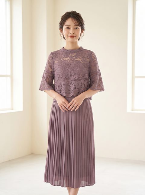 レースブラウス風プリーツドレス（パープル系・Mサイズ）| 名古屋のレンタルドレス24DRESS