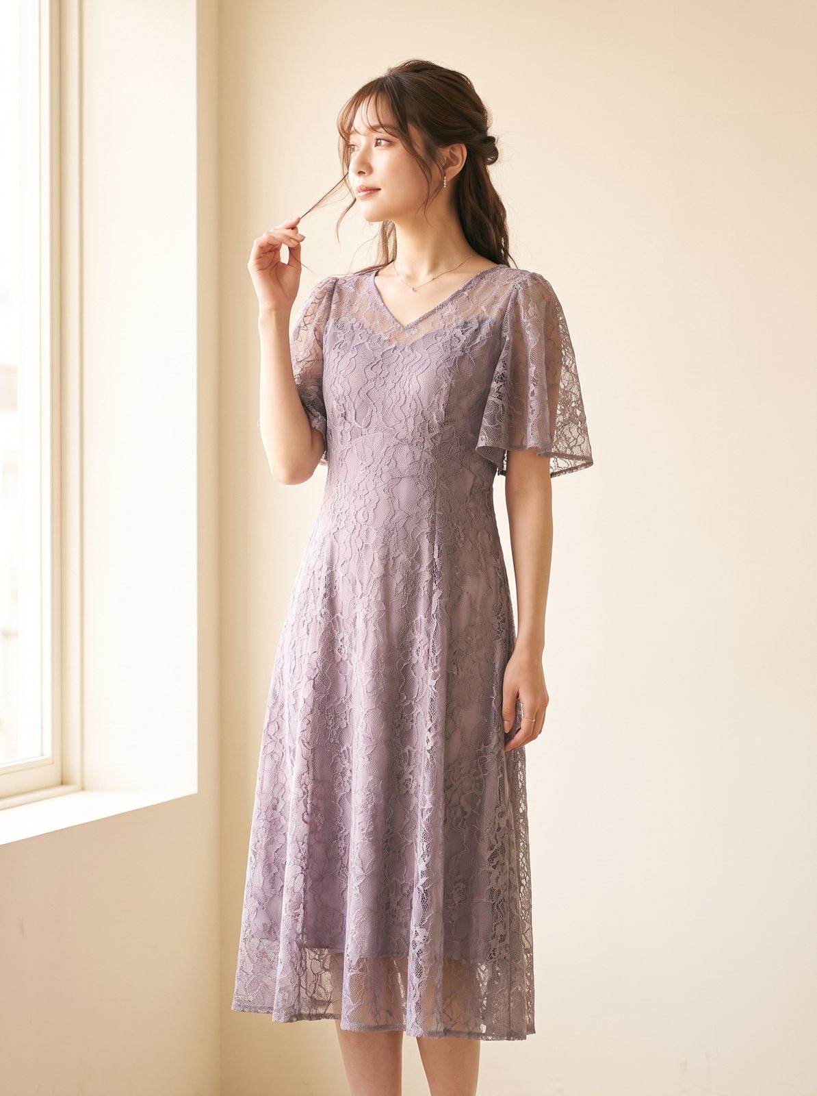 フレアスリーブ総レース ワンピース(パープル系・XLサイズ)| 名古屋のレンタルドレス24DRESS