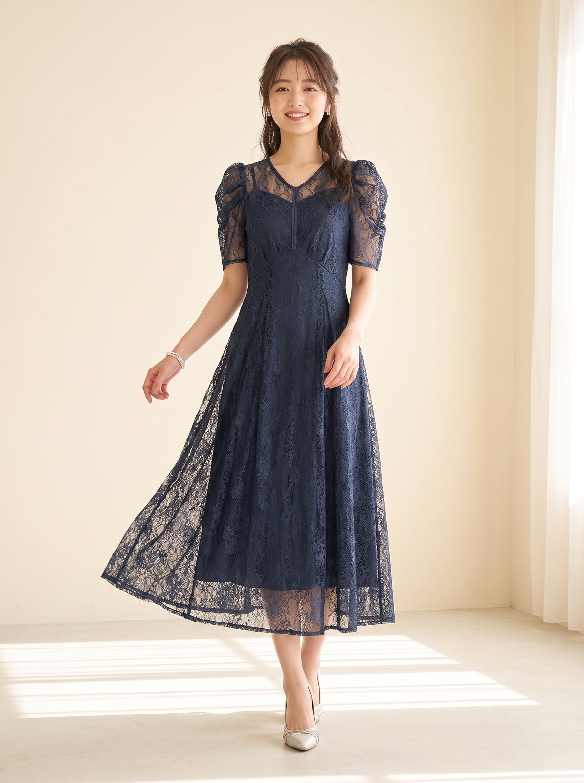 ギャザースリーブ総レースドレス(ネイビー・ブルー系・Lサイズ)| 名古屋のレンタルドレス24DRESS