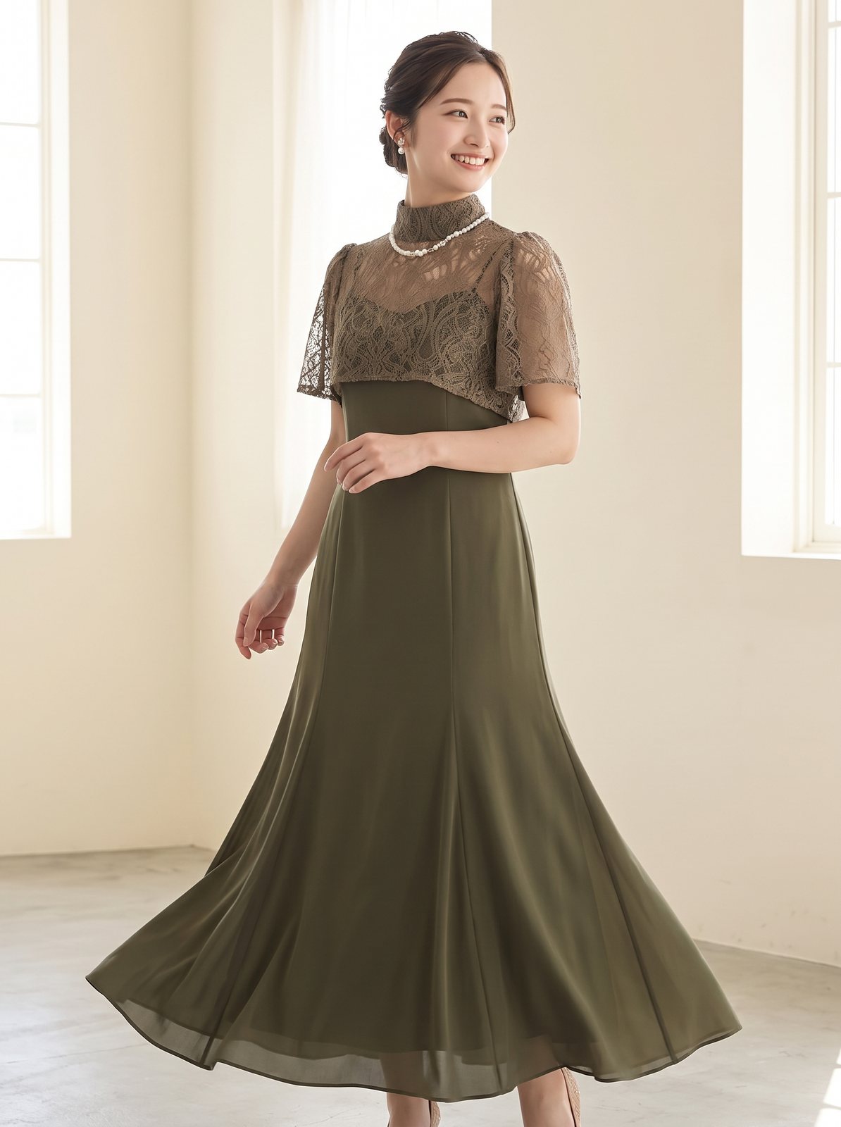レースケープ風 ロングパーティードレス(ブラウン・ベージュ系・Mサイズ)| 名古屋のレンタルドレス24DRESS
