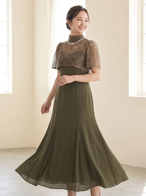 レースケープ風 ロングパーティードレス(ブラウン・ベージュ系・Mサイズ)| 名古屋のレンタルドレス24DRESS