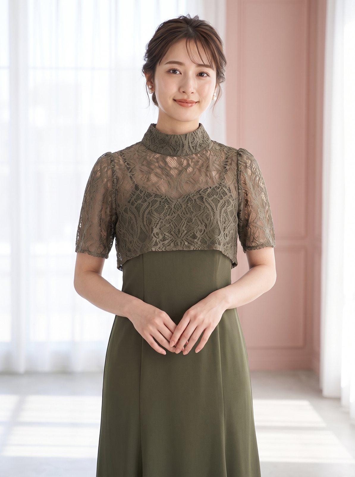 ハイネックレース ドッキングドレス（グリーン系・Mサイズ）| 名古屋のレンタルドレス24DRESS