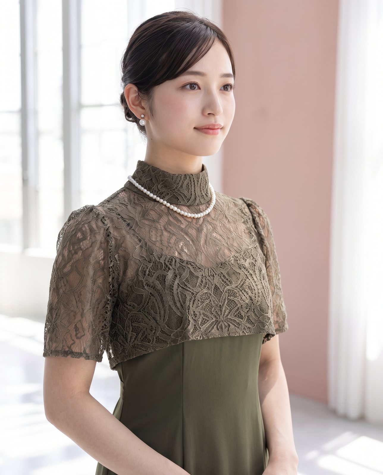 ハイネックレース ドッキングドレス（グリーン系・Mサイズ）| 名古屋のレンタルドレス24DRESS 写真2