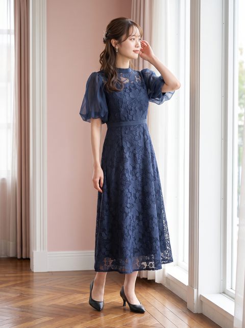 バルーンスリーブ レースロングドレス(ネイビー・ブルー系・Mサイズ)| 名古屋のレンタルドレス24DRESS