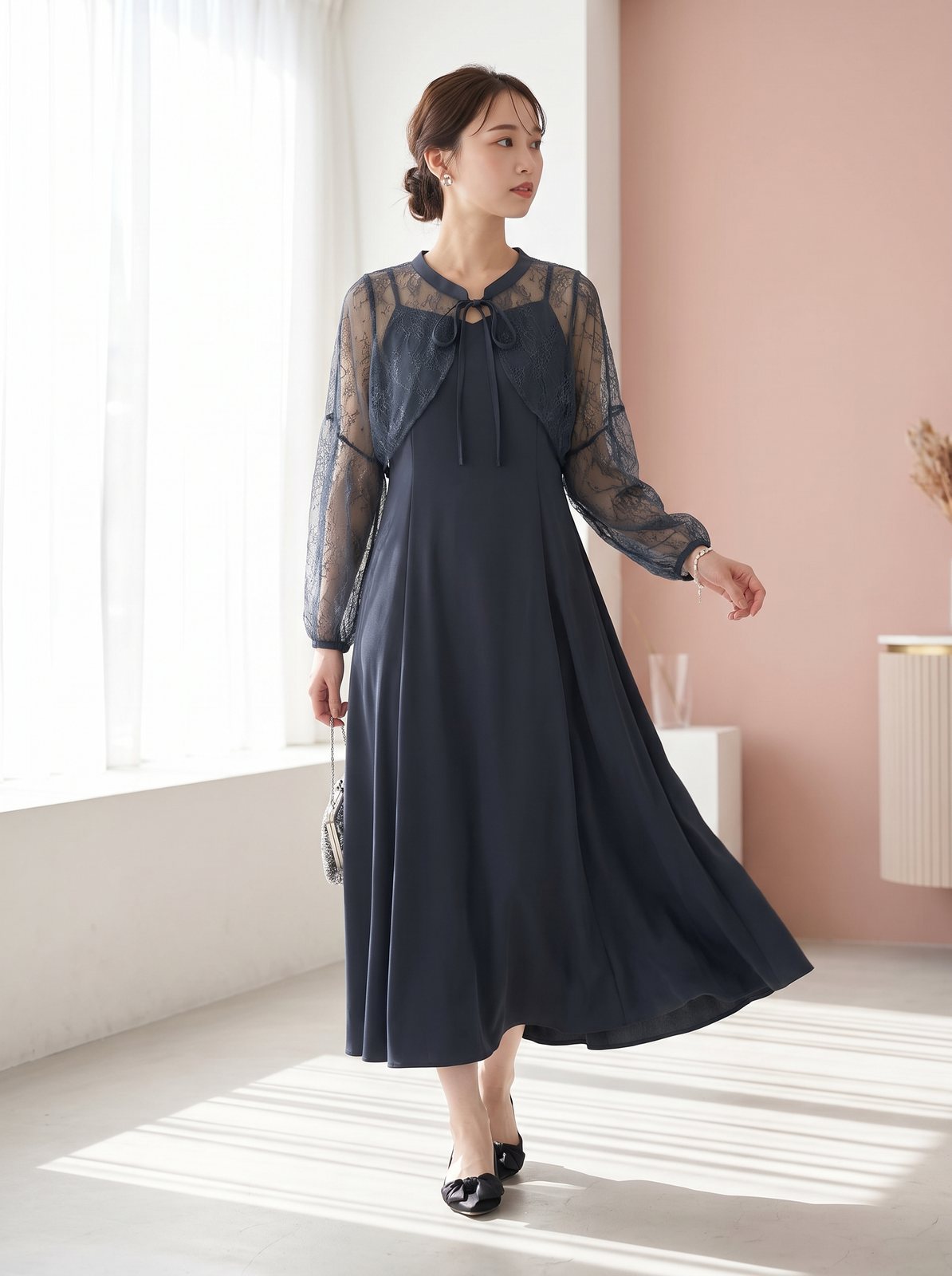 シアーレース重ね フレアロングドレス(ネイビー・ブルー系・Mサイズ)| 名古屋のレンタルドレス24DRESS