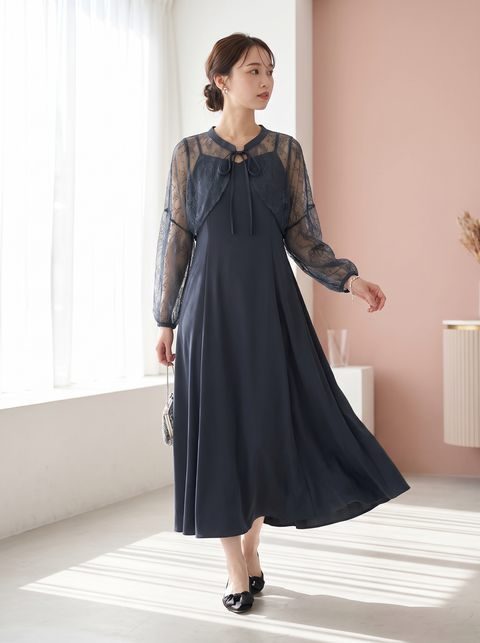 シアーレース重ね フレアロングドレス(ネイビー・ブルー系・Mサイズ)| 名古屋のレンタルドレス24DRESS