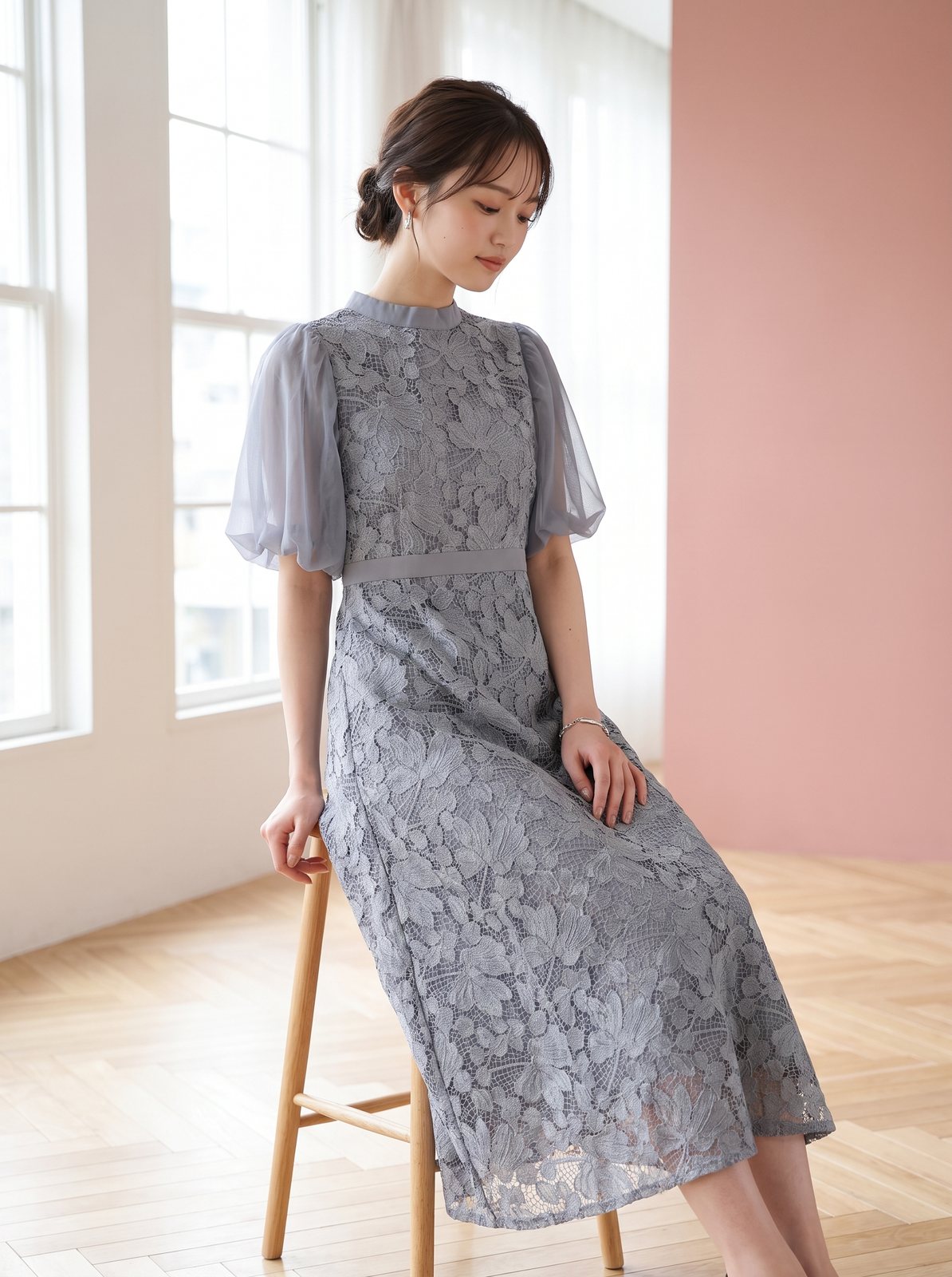 シアーパフスリーブ レースロングドレス(ネイビー・ブルー系・Sサイズ)| 名古屋のレンタルドレス24DRESS