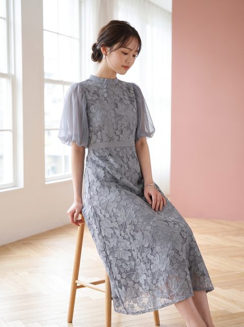 シアーパフスリーブ レースロングドレス(ネイビー・ブルー系・Sサイズ)| 名古屋のレンタルドレス24DRESS