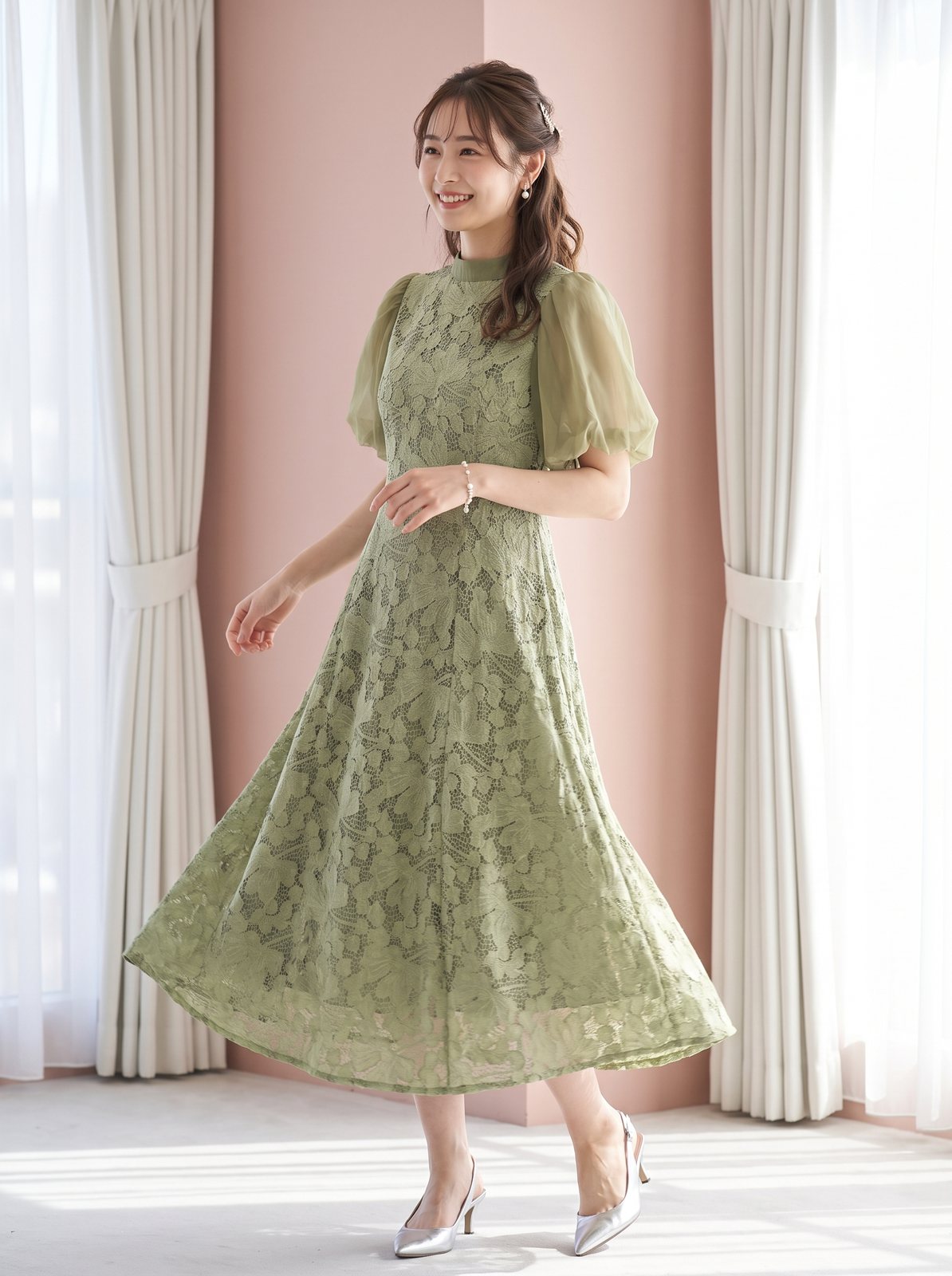 ボトルネックレース フレアロングドレス(グリーン系・Sサイズ)| 名古屋のレンタルドレス24DRESS