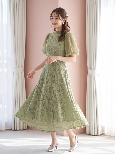 ボトルネックレース フレアロングドレス（グリーン系・Sサイズ）| 名古屋のレンタルドレス24DRESS