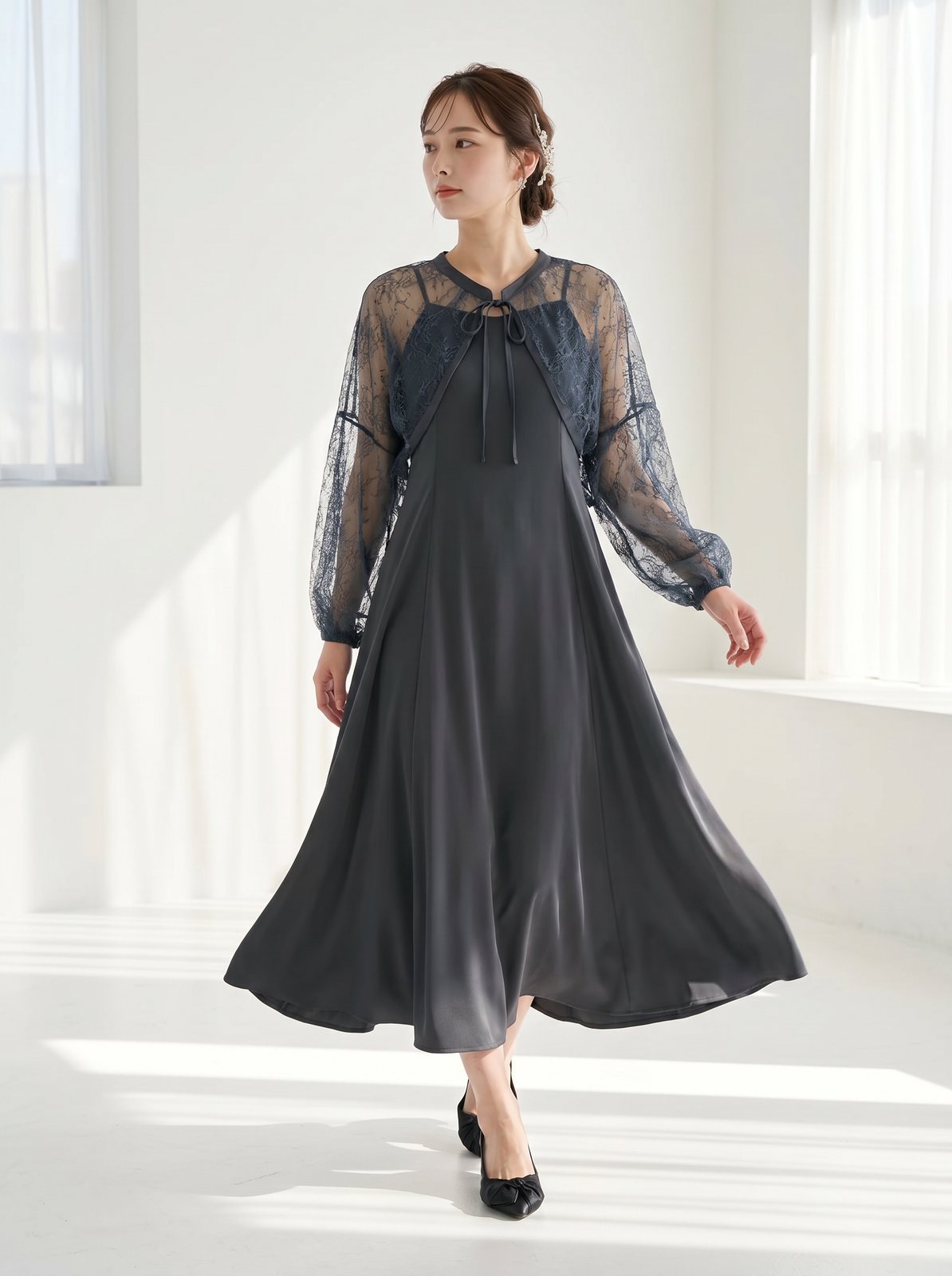 リボンタイボレロ風ロングドレス（ネイビー・ブルー系・Sサイズ）| 名古屋のレンタルドレス24DRESS