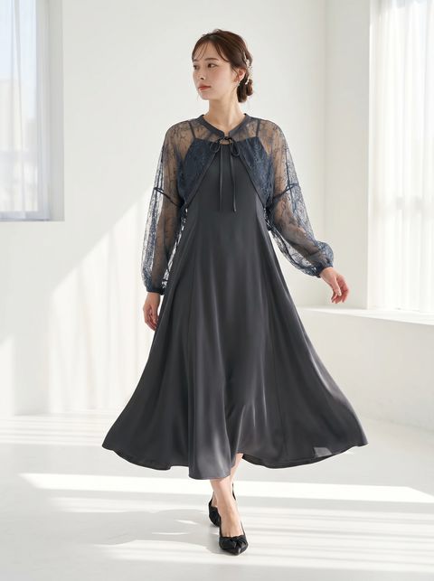 リボンタイボレロ風ロングドレス（ネイビー・ブルー系・Sサイズ）| 名古屋のレンタルドレス24DRESS