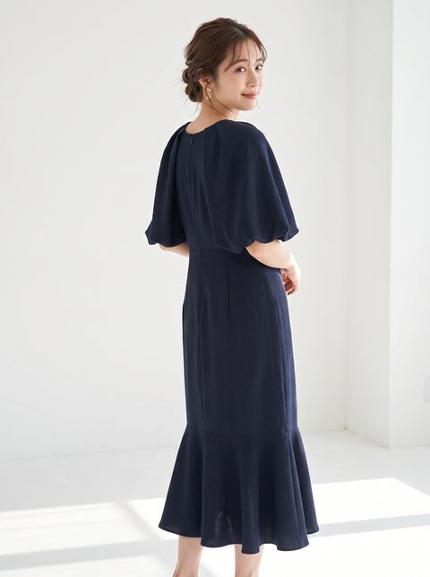 ボリュームスリーブ マーメイドドレス（ネイビー・ブルー系・Sサイズ）| 名古屋のレンタルドレス24DRESS