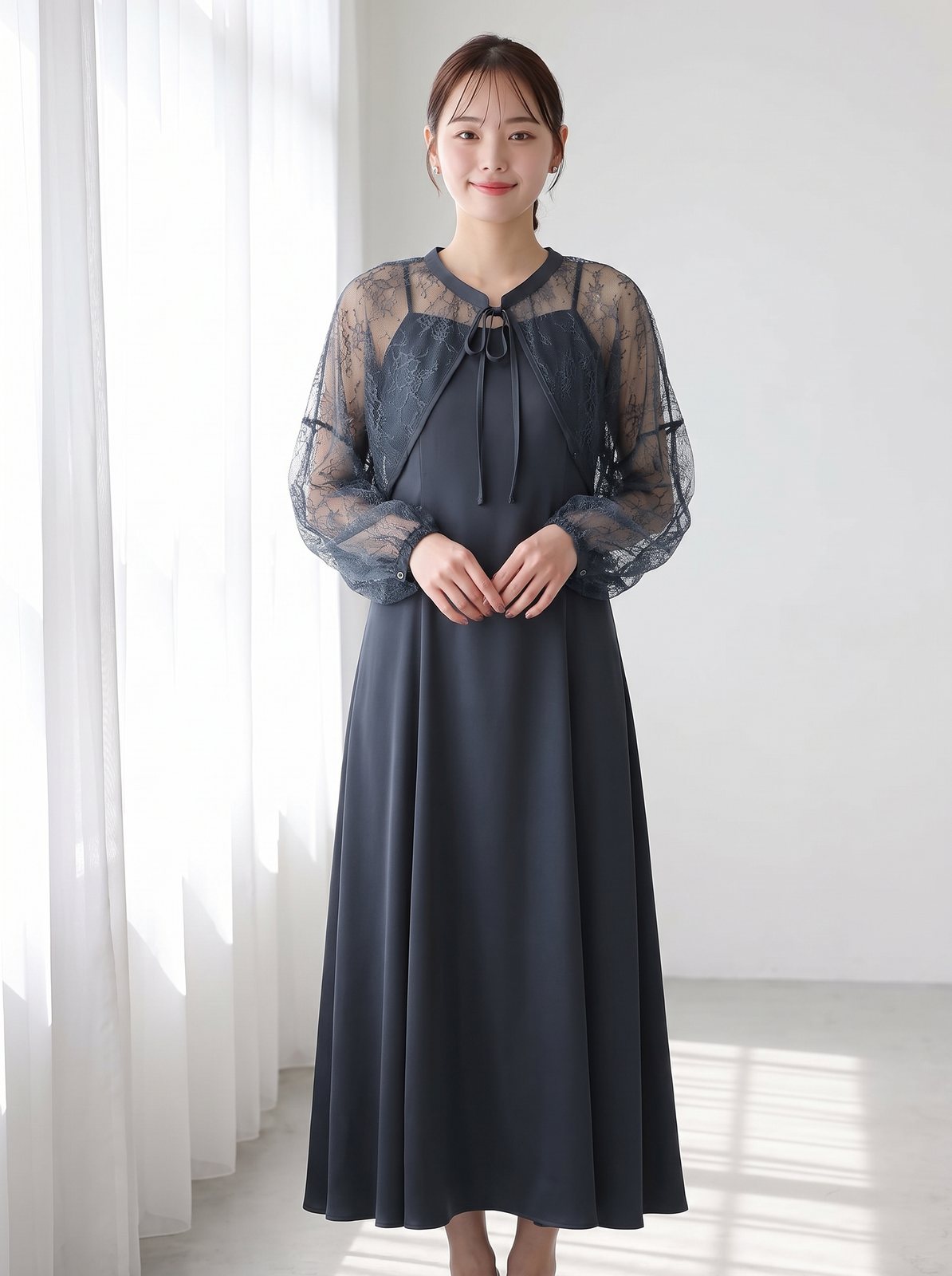 レースボレロ風レイヤードドレス(ネイビー・ブルー系・Lサイズ)| 名古屋のレンタルドレス24DRESS