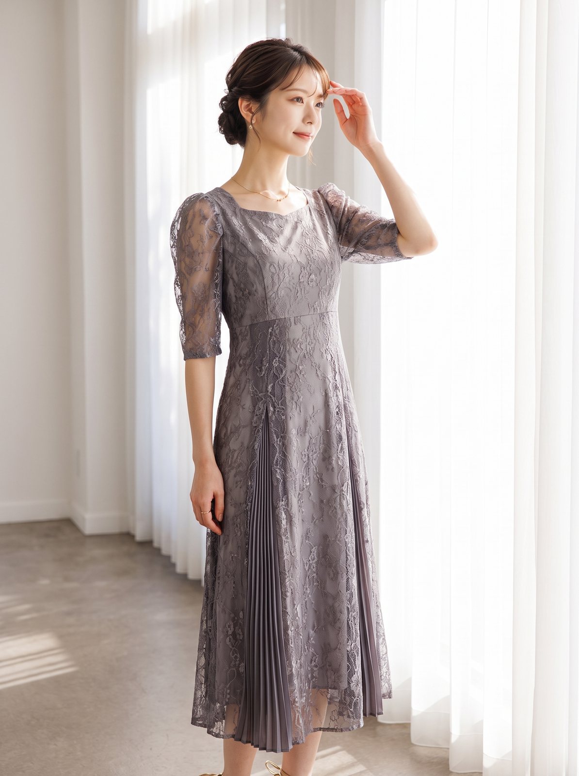 プリーツ切り替え総レースパーティードレス（パープル系・Sサイズ）| 名古屋のレンタルドレス24DRESS