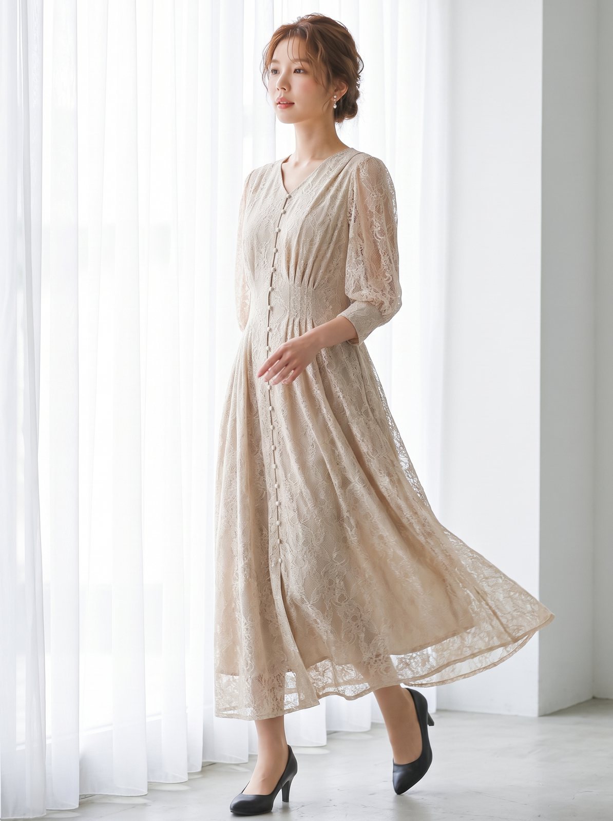 総レース前ボタンパーティーワンピース(ブラウン・ベージュ系・Sサイズ)| 名古屋のレンタルドレス24DRESS