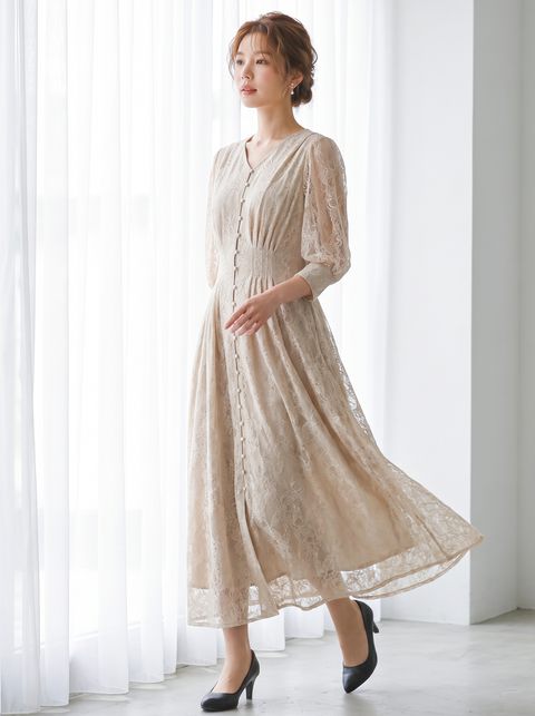 総レース前ボタンパーティーワンピース（ブラウン・ベージュ系・Sサイズ）| 名古屋のレンタルドレス24DRESS