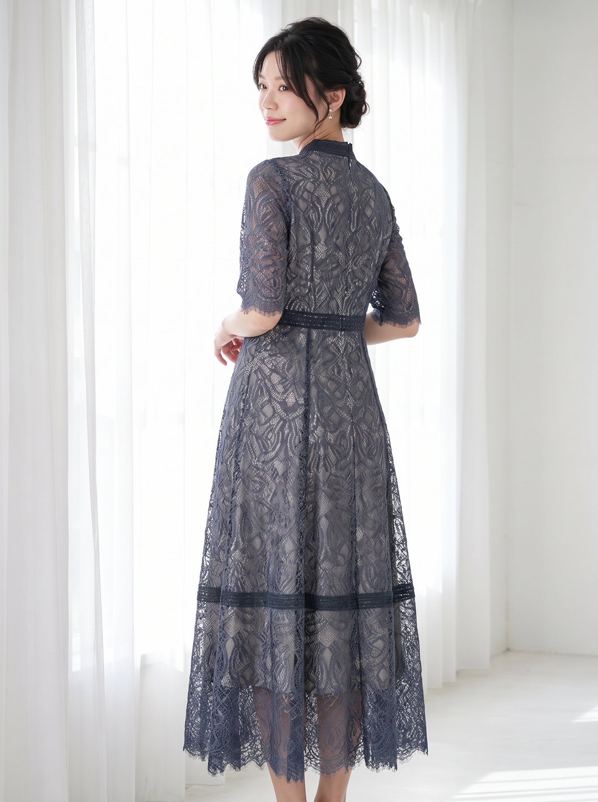 配色レース×ハシゴレース切り替えドレス(ネイビー・ブルー系・Lサイズ)| 名古屋のレンタルドレス24DRESS