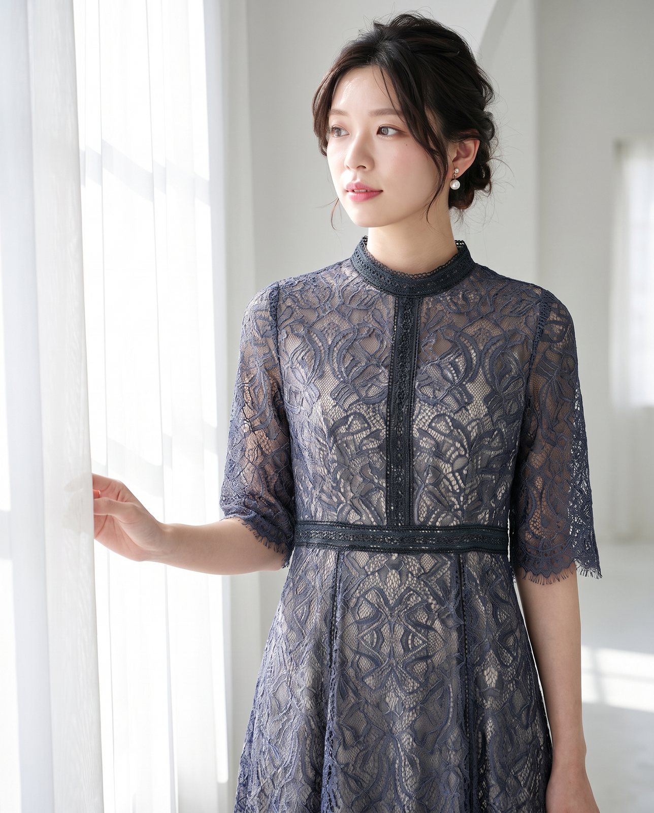 配色レース×ハシゴレース切り替えドレス（ネイビー・ブルー系・Lサイズ）| 名古屋のレンタルドレス24DRESS 写真2