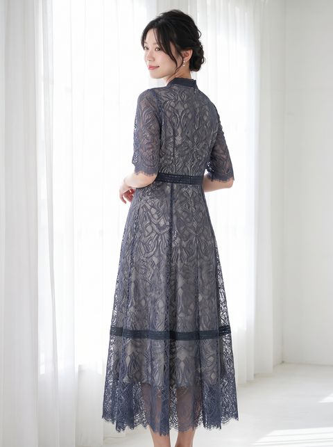 配色レース×ハシゴレース切り替えドレス(ネイビー・ブルー系・Lサイズ)| 名古屋のレンタルドレス24DRESS