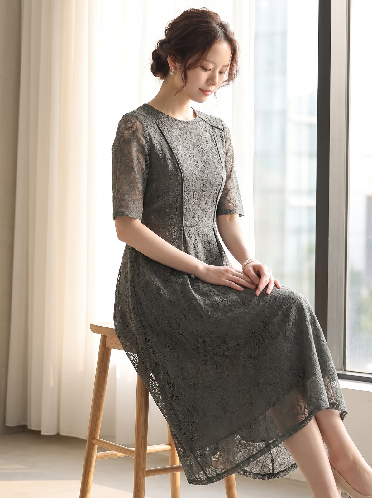 パイピングモールレースドレス（ホワイト・グレー系・Mサイズ）| 名古屋のレンタルドレス24DRESS