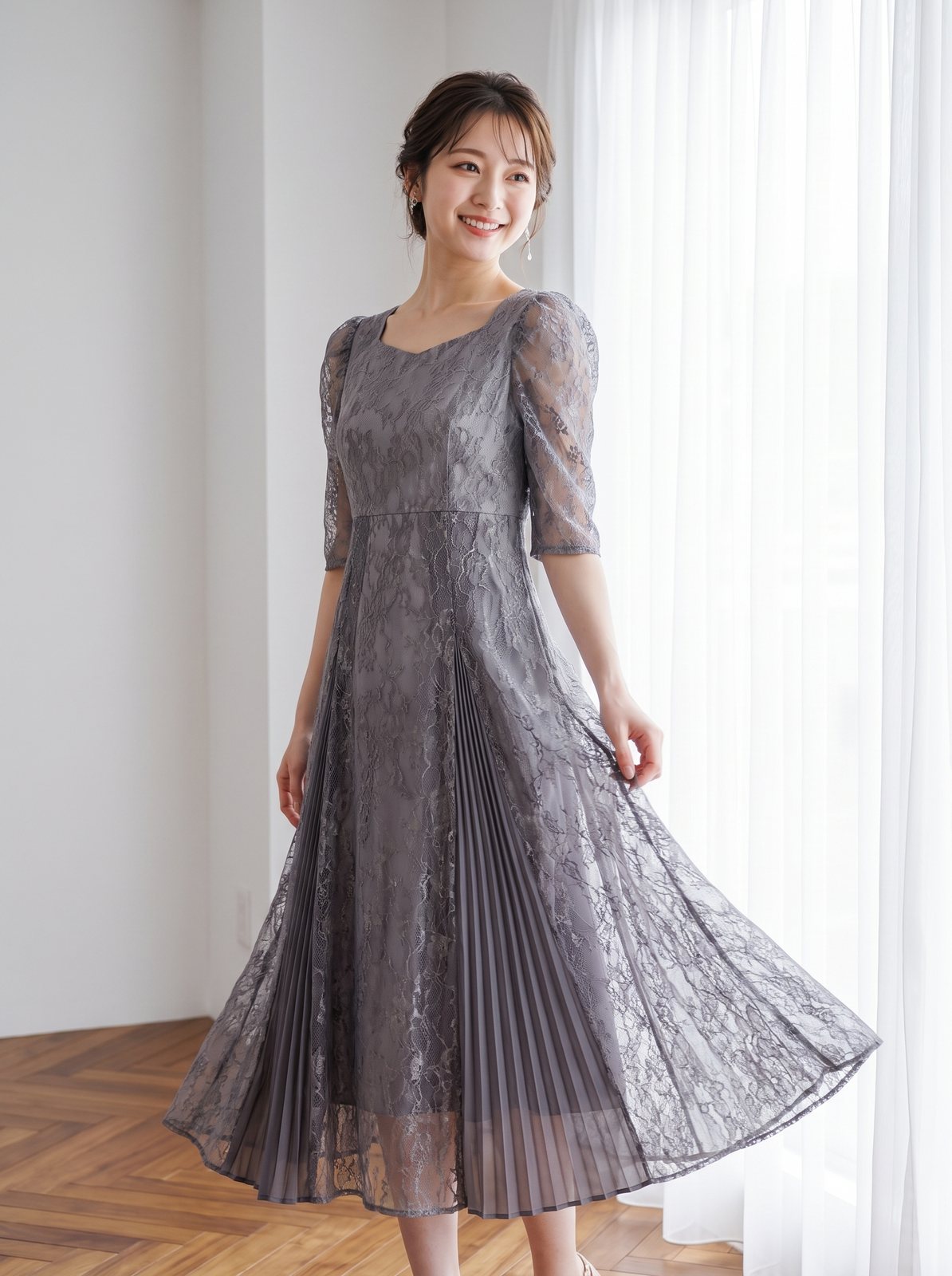 プリーツ切り替え総レースパーティードレス(パープル系・Mサイズ)| 名古屋のレンタルドレス24DRESS