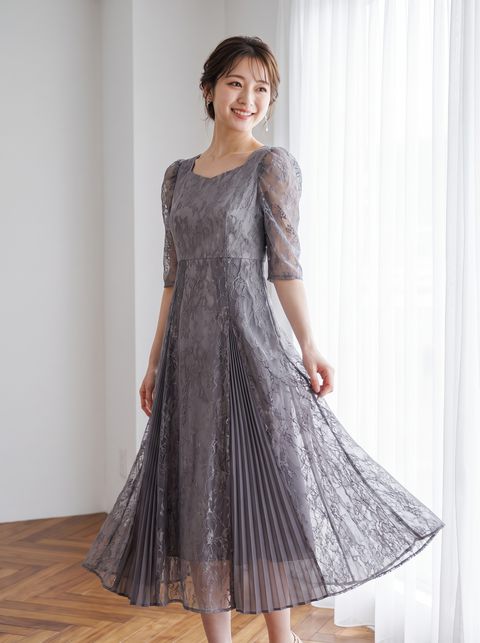 プリーツ切り替え総レースパーティードレス（パープル系・Mサイズ）| 名古屋のレンタルドレス24DRESS