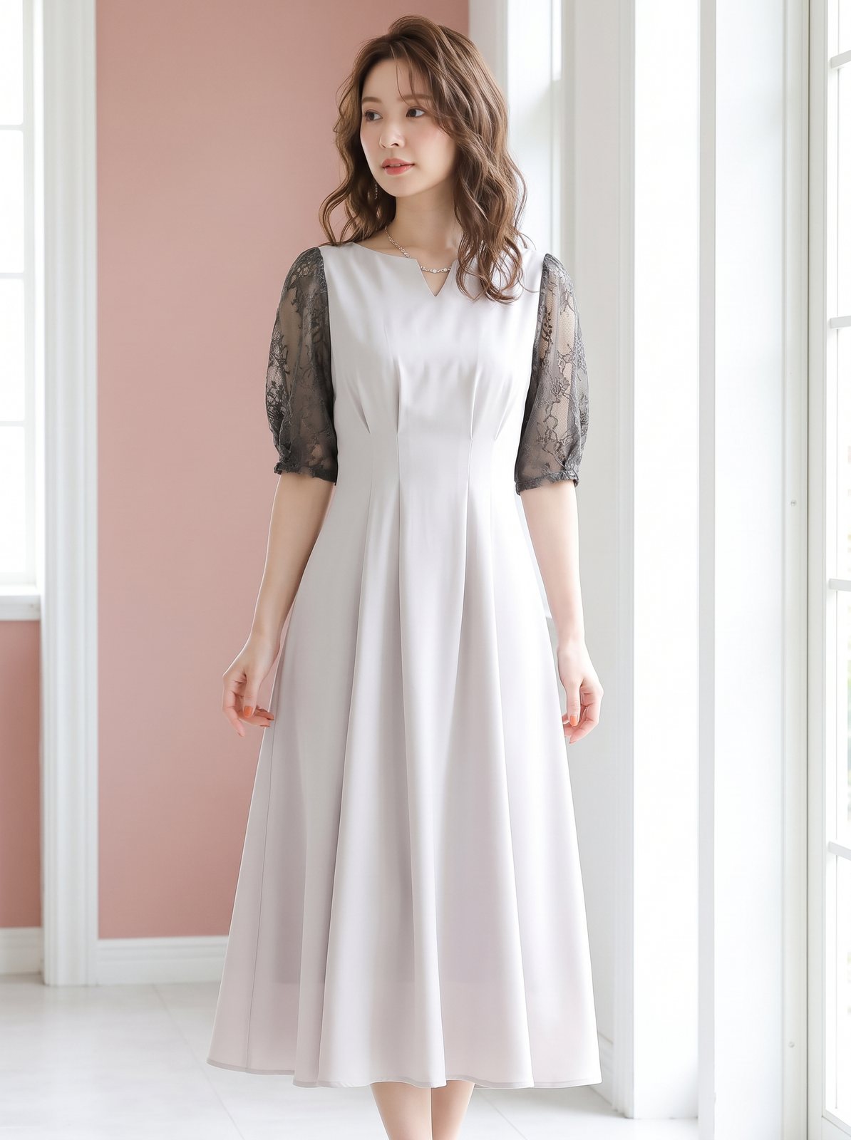 抜き衿 レーススリーブフレアワンピース(ホワイト・グレー系・Mサイズ)| 名古屋のレンタルドレス24DRESS