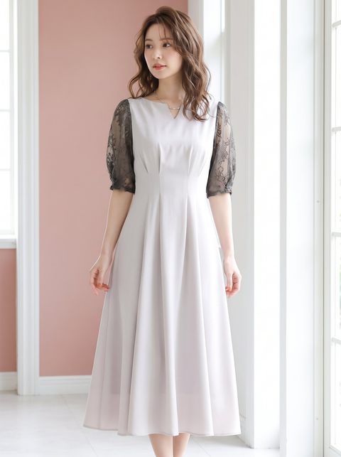 抜き衿 レーススリーブフレアワンピース（ホワイト・グレー系・Mサイズ）| 名古屋のレンタルドレス24DRESS
