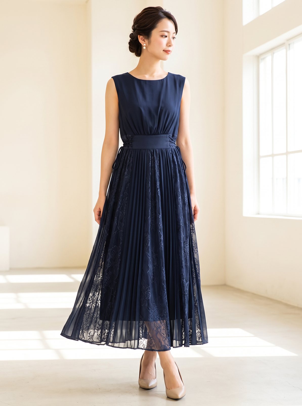 ノースリーブプリーツお呼ばれフォーマル ワンピース（ネイビー・ブルー系・Mサイズ）| 名古屋のレンタルドレス24DRESS