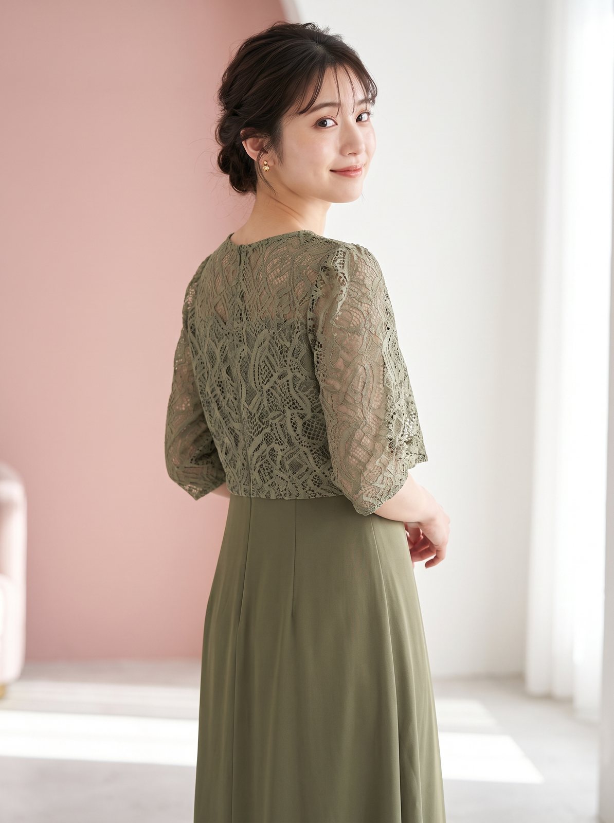 レース切り替えパーティードレス（グリーン系・Sサイズ）| 名古屋のレンタルドレス24DRESS