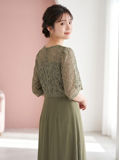 レース切り替えパーティードレス(グリーン系・Sサイズ)| 名古屋のレンタルドレス24DRESS