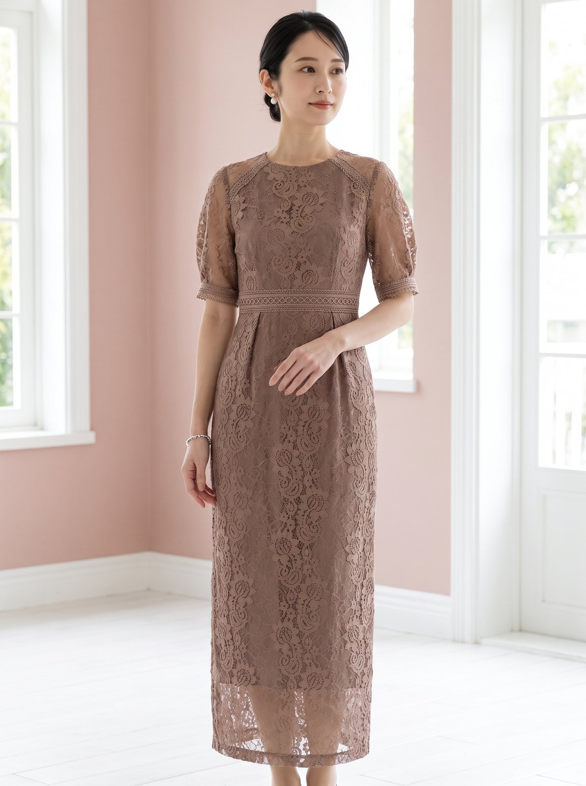 コクーンスリーブレースタイトドレス（ブラウン・ベージュ系・Mサイズ）| 名古屋のレンタルドレス24DRESS