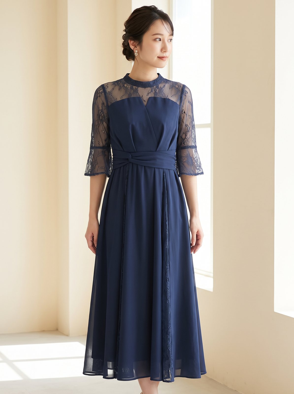 ビスチェ風ハイネックレース結婚式ワンピース(ネイビー・ブルー系・Lサイズ)| 名古屋のレンタルドレス24DRESS