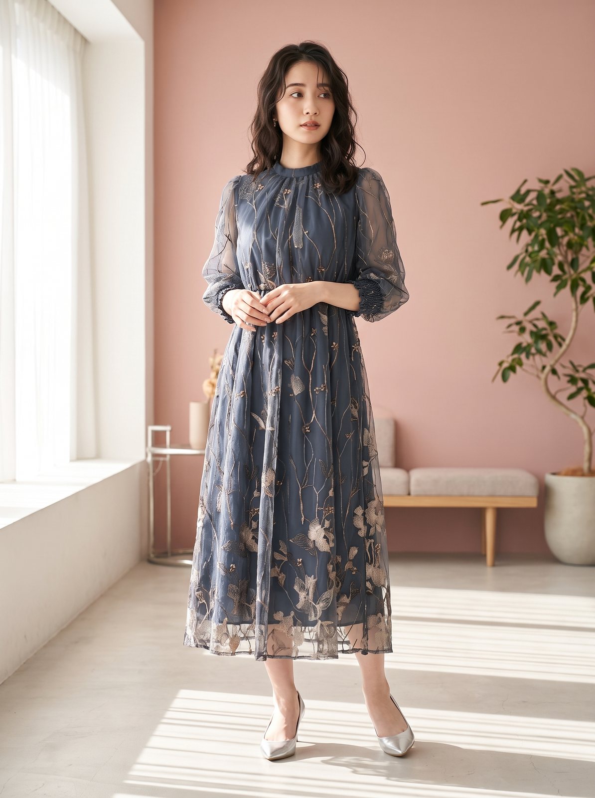 刺繍レースワンピース(ネイビー・ブルー系・Mサイズ)| 名古屋のレンタルドレス24DRESS
