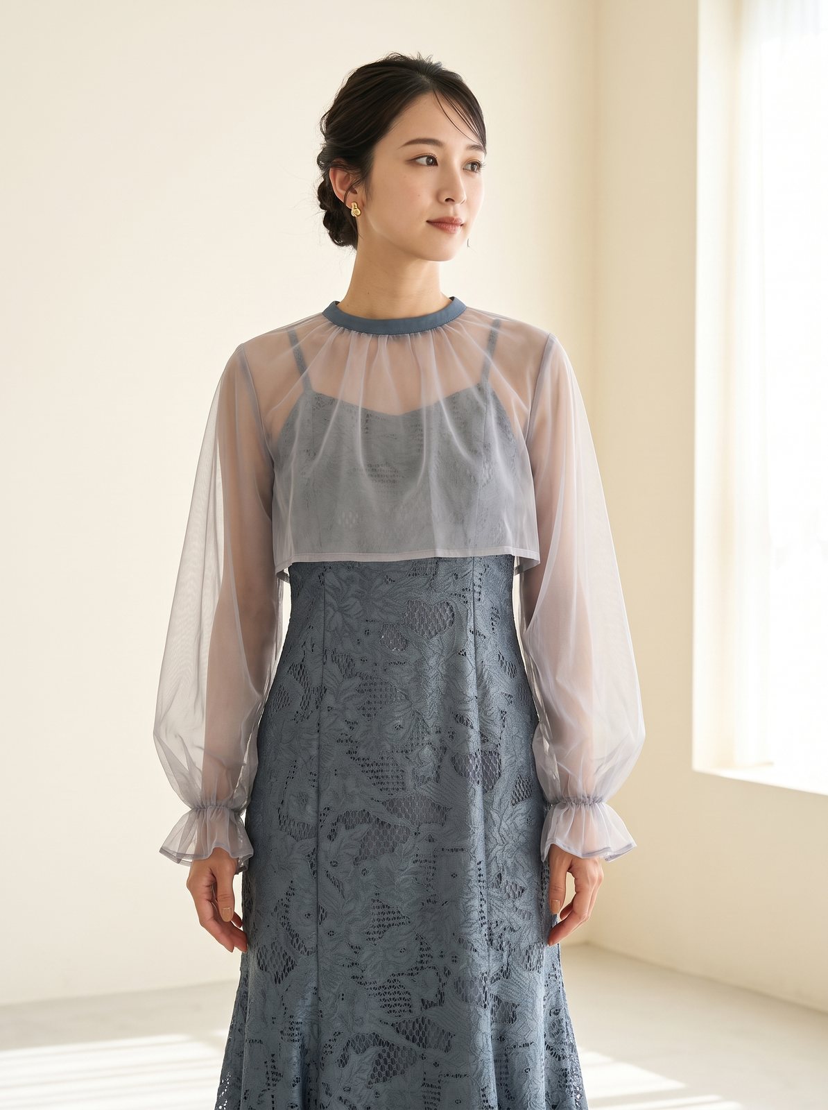 シフォンボレロ＆マーメイドくすみネイビードレス（ネイビー・ブルー系・Sサイズ）| 名古屋のレンタルドレス24DRESS