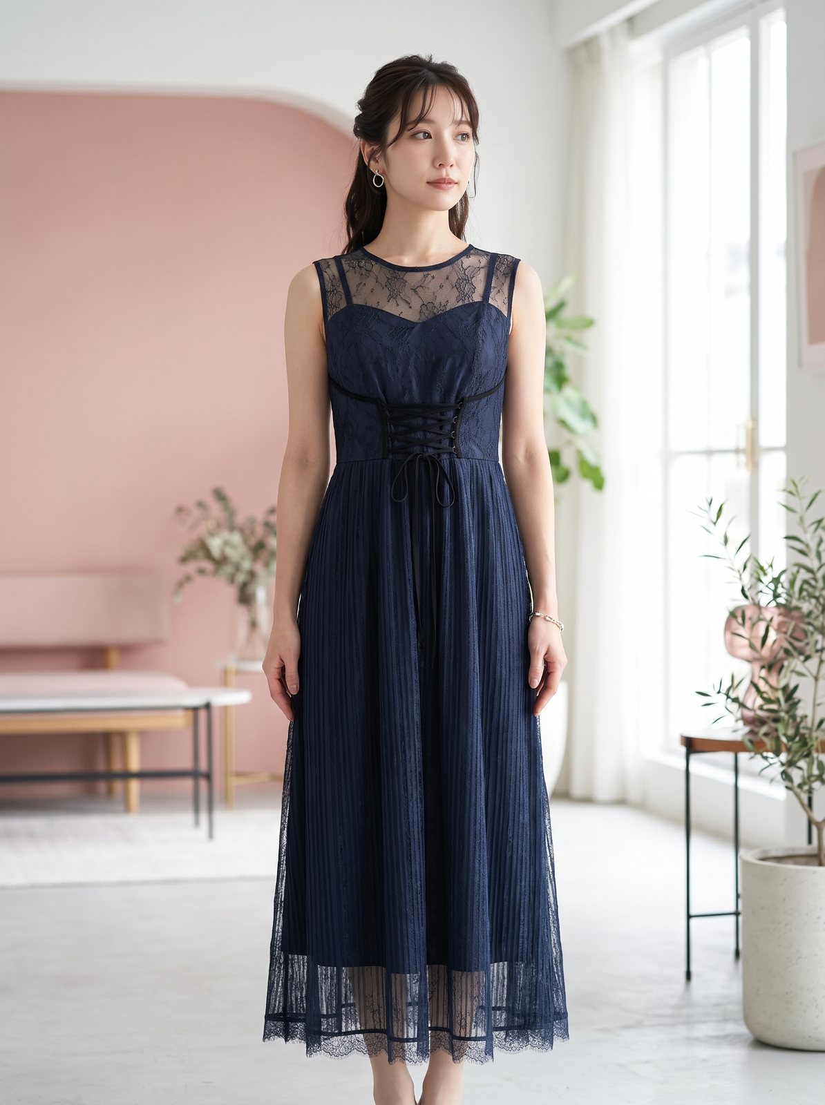 編み上げストライプパーティードレス（ネイビー・ブルー系・Mサイズ）| 名古屋のレンタルドレス24DRESS