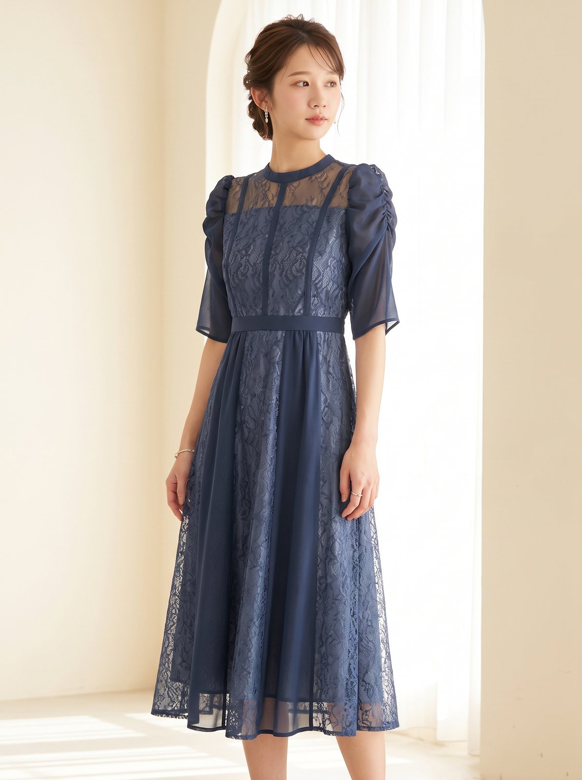 シフォン切り替えレース パーティードレス(ネイビー・ブルー系・Lサイズ)| 名古屋のレンタルドレス24DRESS