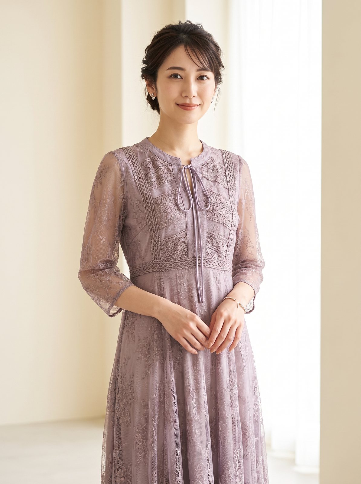 リボンタイ総レース パーティードレス(パープル系・Lサイズ)| 名古屋のレンタルドレス24DRESS